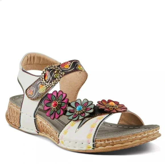 L'ARTISTE Nadira Genuine Leather Floral Embellished Strappy Comfortable Sandal - Picture 1 of 13